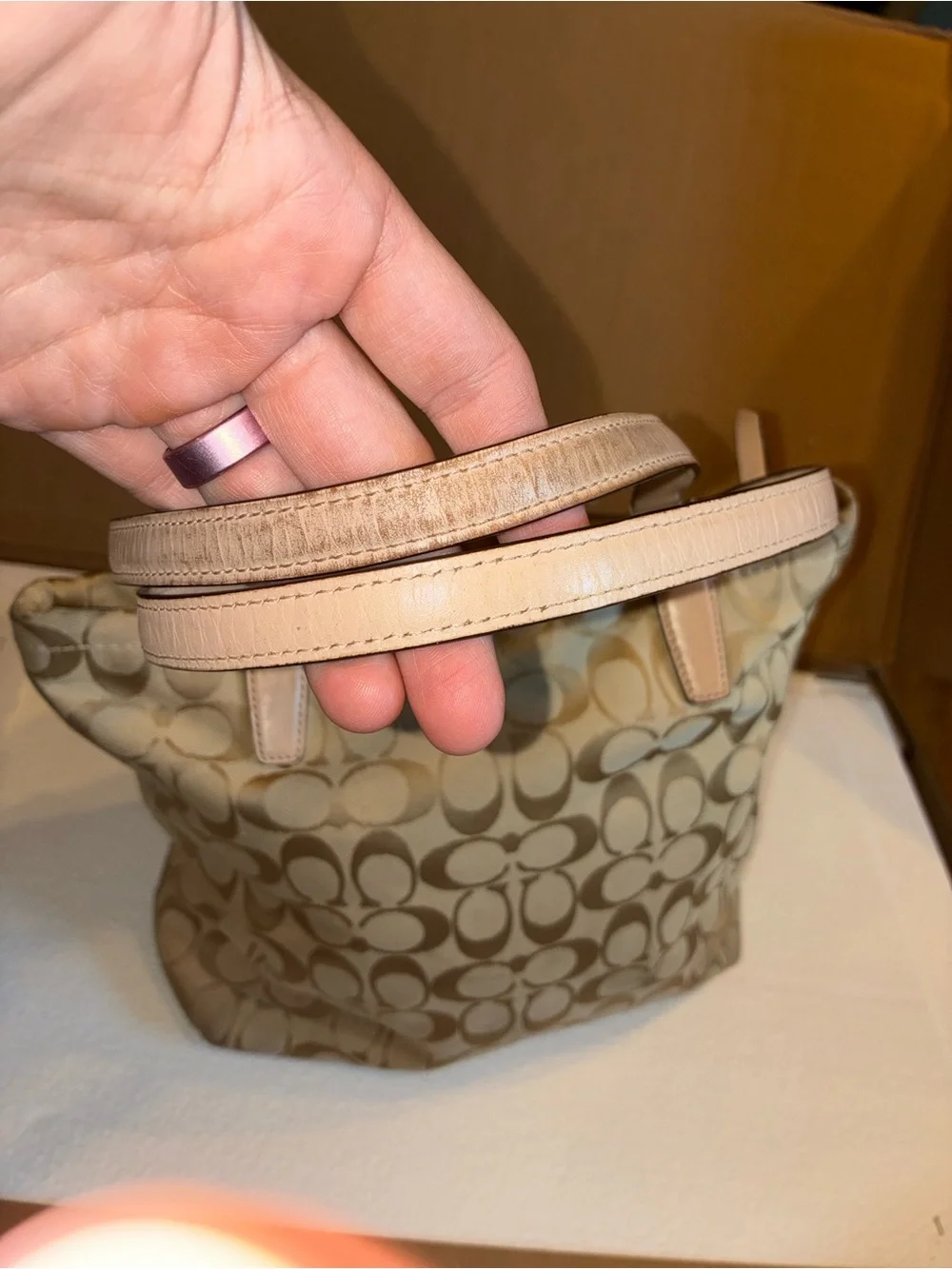 COACH Beige Signature Tote with Teal Center Stripe.